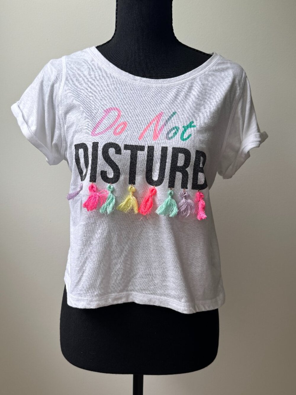F&F Do Not Disturb Tassel Graphic Tee White Short Sleeve Cuffed Crop Shirt XS